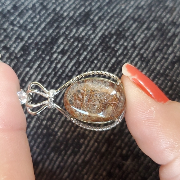 New Silver Wrapped Gold Rutilated Quartz Oval Rhinestone Crown Pendant. - Picture 6 of 12